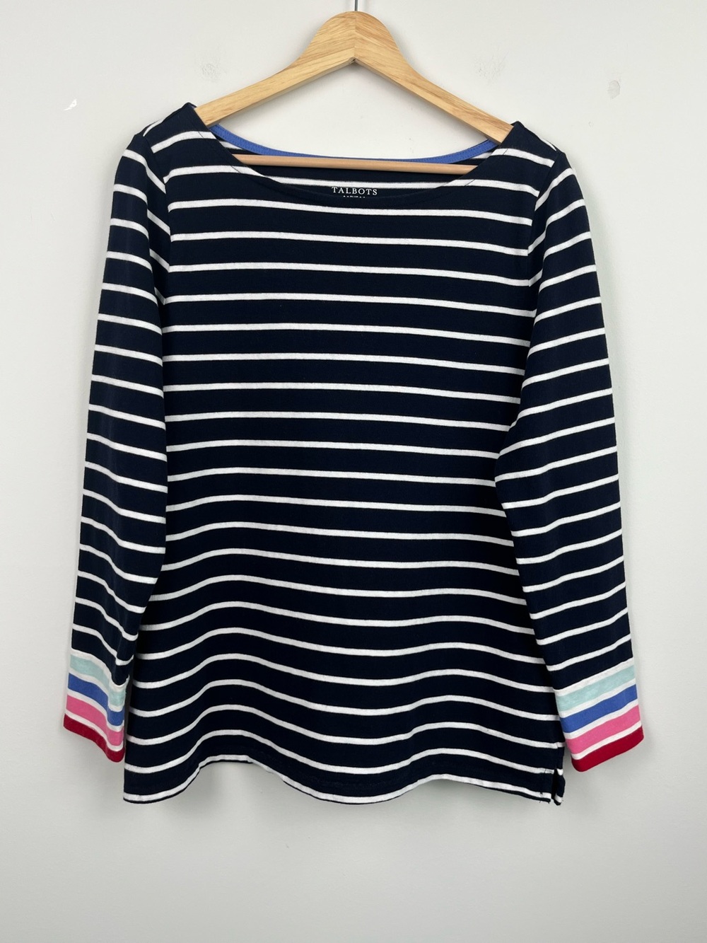 Talbots Plus 100% cotton navy stripe boat neck long sleeve top, size X = Large.
